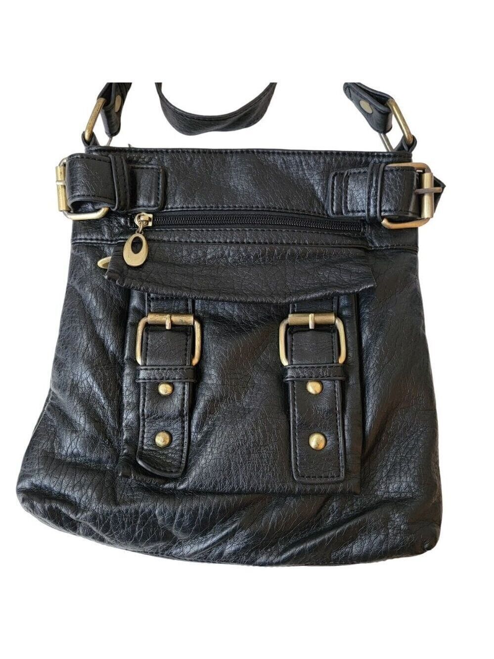 Black Zip Top Shoulder Bag - Brass Buckles - Great Bag